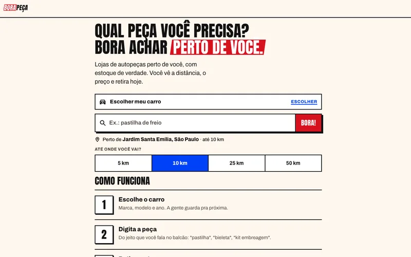 Tela inicial do Bora Peça: Qual peça você precisa? Bora achar perto de você.